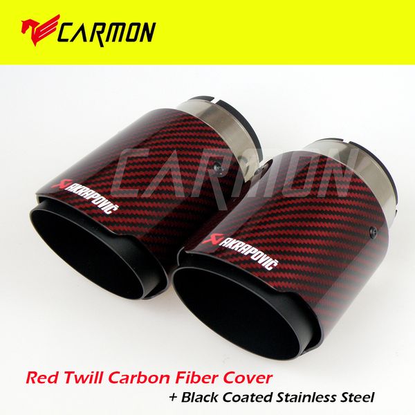 

universal akrapovic carbon fiber car exhaust pipe muffler tip glossy red twill carbon fiber cover + black coated stainless steel