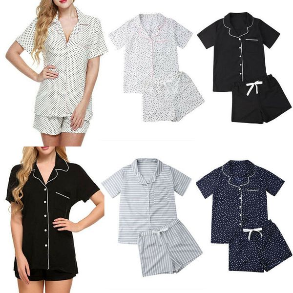 

casual new women loose pajamas sets dot print summer short sleeves shirts+pants sleepwear nightwear woman pajama homewear robe, Blue;gray
