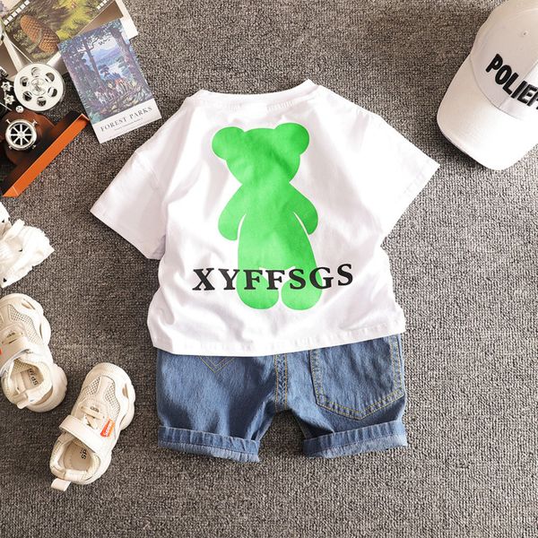 

summer baby boy girl clothes children fashion trend cotton cartoon t shirts denim shorts 2pcs/sets infant kid toddler tracksuits, White