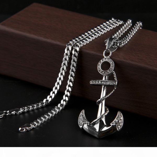 

fashional stainless steel bling diamond gold & silver navy anchor cross pendant necklace hip hop raper jewelry gifts for men women for sale
