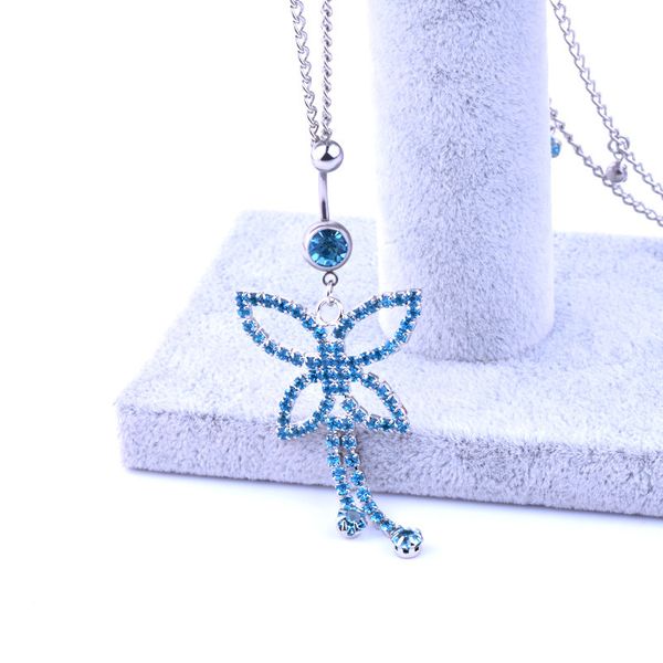 Wasit Belly Dance Blue Butterfly Kette Kristallkörperschmuck Edelstahl Navel Glockenknopf Piercing Hangle Ringe für Frauen Geschenk