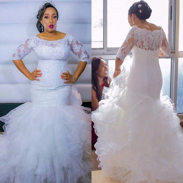 

robe de mariage кружева русалка свадебные платья 2019 половина рукава плюс размер платья многоуровневое каскадные оборки юбки bridal, White