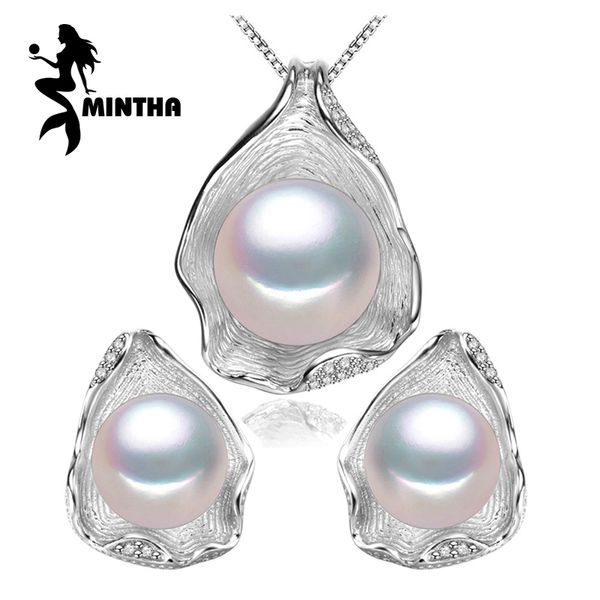 

mintha 925 sterling silver natural freshwater pearl jewelry sets necklace earrings shell design for women party fashion brand, Black