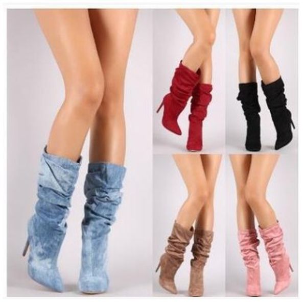 

sarairis new fashion pleated mid calf boots ladies high heels pointed toe shoes woman party autumn spring boots women, Black