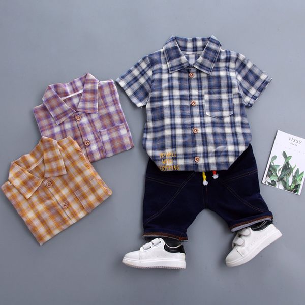 

summer baby boys 2-pieces clothing sets cotton short-sleeved plaid shirt + denim shorts for 73-110cm, White