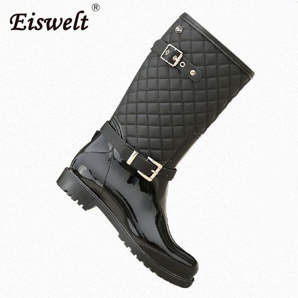 

eiswelt dropshipping new women leather boots mid-calf boot women waterproof rubber rain boots fashion buckle ladies water shoes, Black