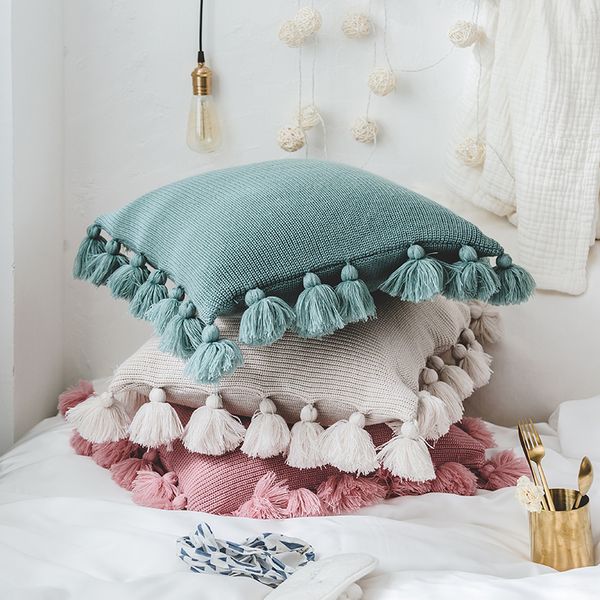 

ins solid color lantern hair ball pillow handmade knitted cushion sofa pads with tassels balls soft nordic simple home decor