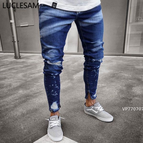 

mens skinny destroyed hole jeans with zipper summer fashion printed ripped jeans for men slim fit streetwear pencil 3xl, Blue