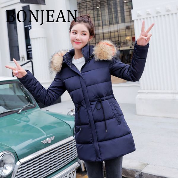 

bonjean faux fur parkas women's cotton jacket 2019 warm-keep clothing hooded winter coats slim thicken long jackets bj1760, Black