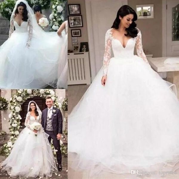 

2019 очаровательные длинные рукава свадебные платья тюль длина пола sexy v шеи плюс размер арабские свадебные платья свадебные платья robe d, White