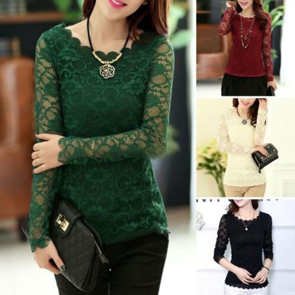 

fashion women ladies summer bodycon casual lace long sleeve shirt blouse, White