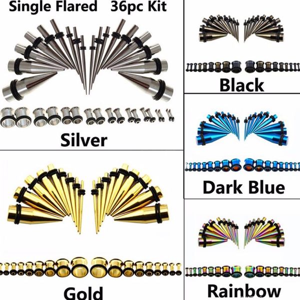 

bog-lot 36 piece316l stainless steel ear taper stretching kit gauge expenders set-18pcs tapers and 18pcs tunnels, Slivery;golden