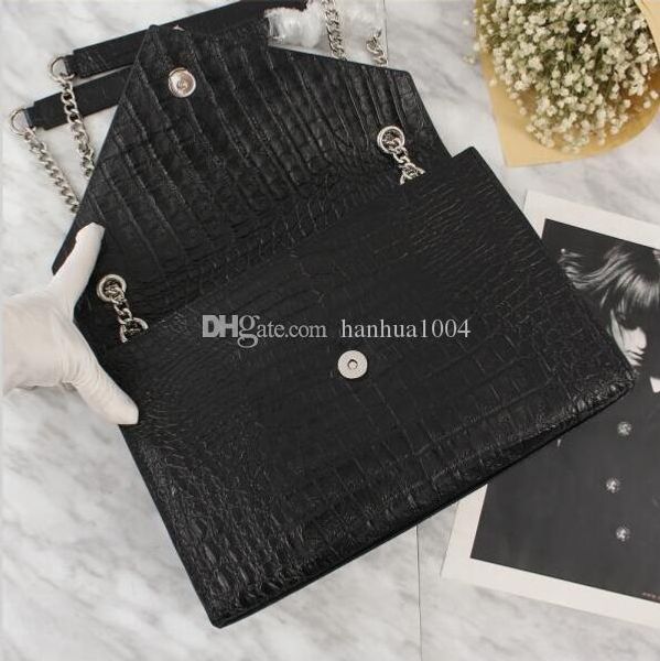 

2018 brand name genuine leather women fashion handbag crocodile grain black satchel chain strap shoulder bag