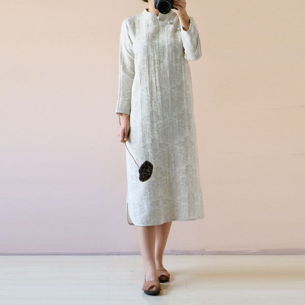 

original autumn cotton jacquard improved cheongsam dress retro long section chinese literary style plate buttons dress, Red