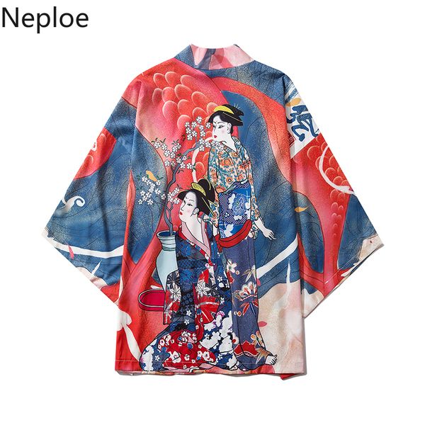 

neploe women men harajuku kimonos japanese cartoon character print open stitch 2019 autumn cardigan loose causal blouses 55855, White