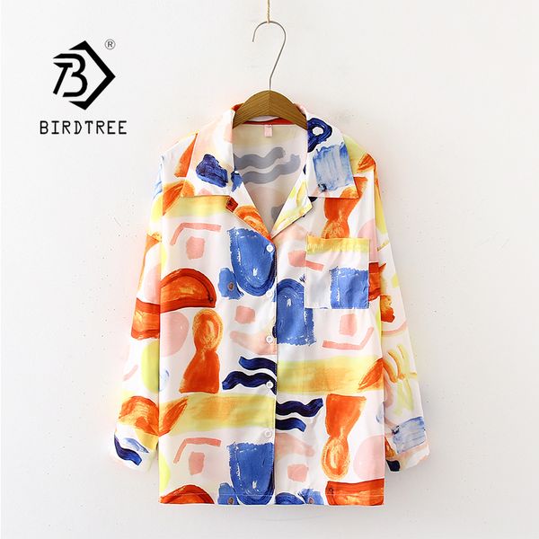 

new arrival retro oil painting print oversize notched collar chiffon blouse button up casual loose shirt feminina blusa t99010f, White