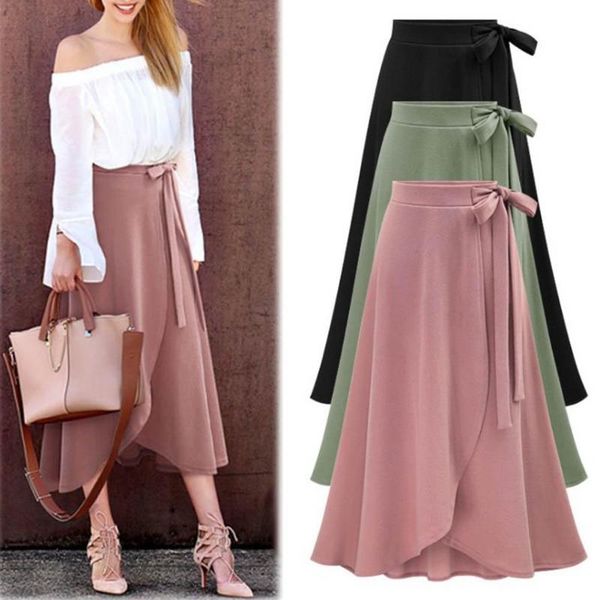 

fashion summer women solid color high waist knotted asymmetry split long skirt 2020 hot, Black