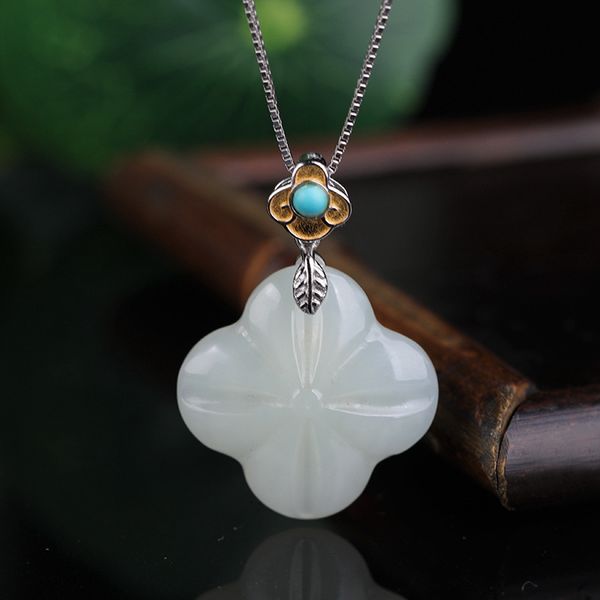 

act the role ofing is tasted with certificate of 925 silver inlaid natural green string clovers hetian jade pendant, Blue;slivery