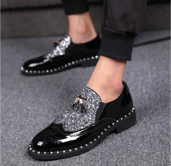 

luxury shiny men dress shoes tassel casual leather shoes men loafers male formal slip-on oxfords, Black