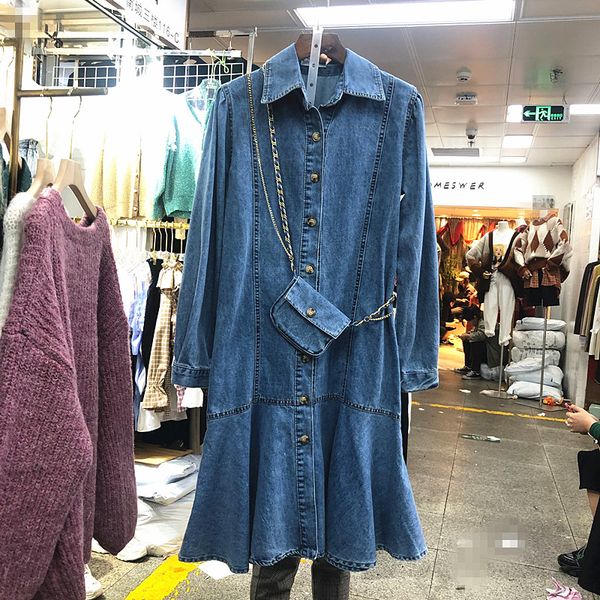 

spring autumn new denim fishtail dress korean loose ruffle long sleeve casual dresses women's with bag blet lady dress vestidos, Black;gray