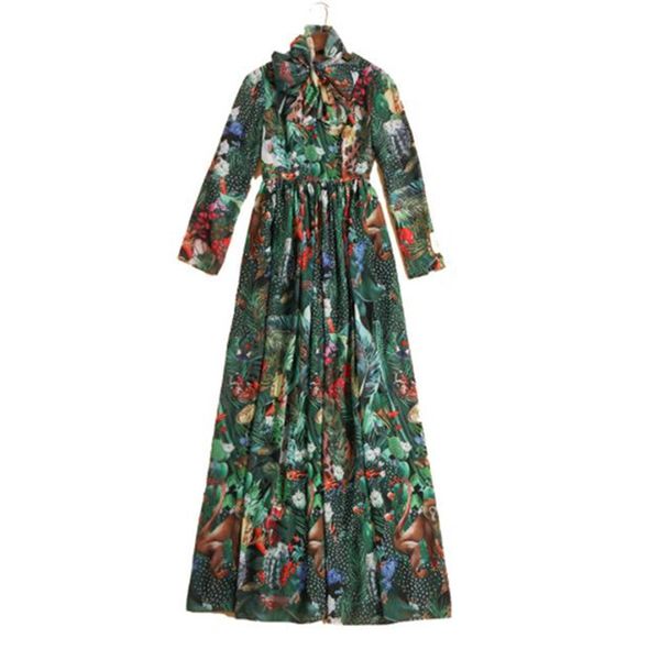 

european and american women's clothes spring 2020 new style long sleeve bow collar fashion monkey plant prints dress, Black;gray