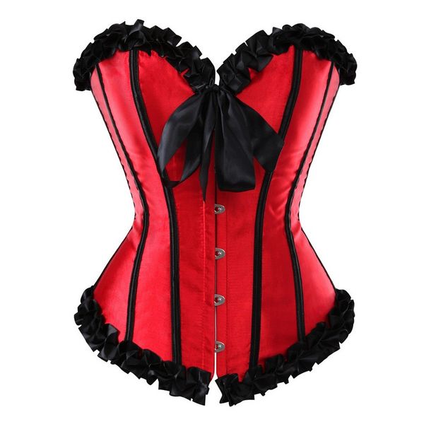 Donne Multicolor Burlesque S-XXL Pieghettato Ruffle Trim Overbust Corsetto Lingerie con fiocco in raso Top Body Shaper Sexy Lace Up Plastica disossata