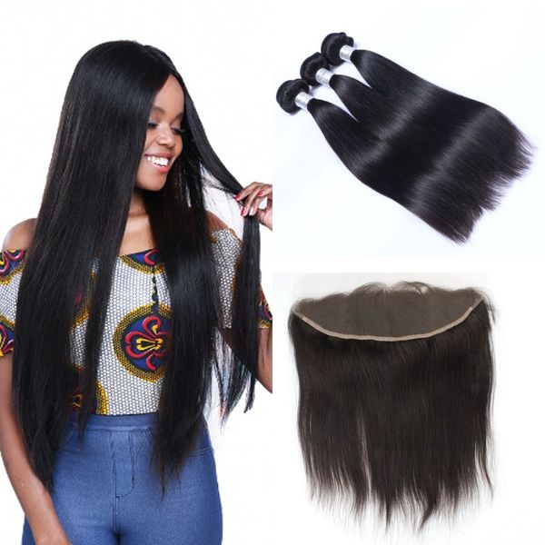 

mongolian straight virgin human hair bundles with frontal unprocessed hair extensions ear to ear 13x4 frontal closure with 3 bundles, Black;brown