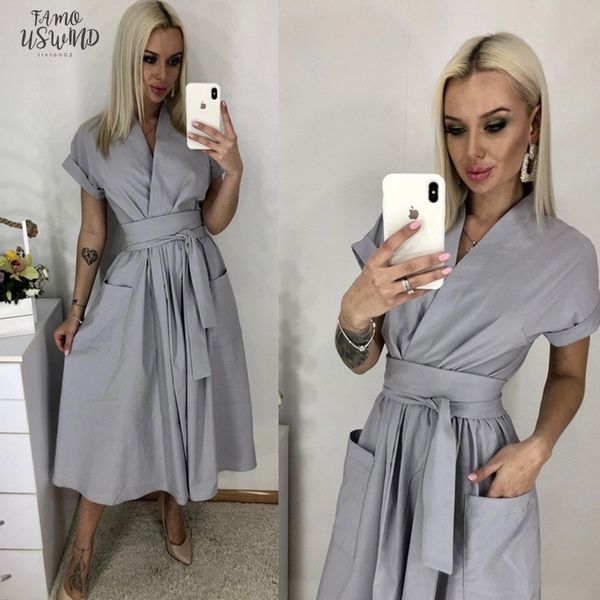 

women vintage sashes pockets a line party dress short sleeve v neck solid mid dress 2020 summer fashion elegant women dress, Black;gray
