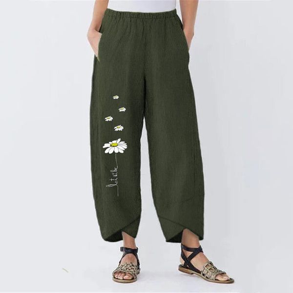 

2020 pants women irregular hem flowers printed long trousers plus size female streetwear stripe pockets pantalones, Black;white