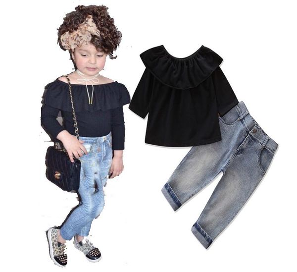 

kids clothes girls set ruffles sleeve off shoulder tshirt+jeans pants 2pcs girls clothes new summer slash neck, White