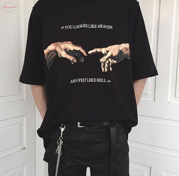 

pudo xsxsummer women you looked like heaven and i felt like hell short michaelangelo the last judgement hands printing t shirt, White