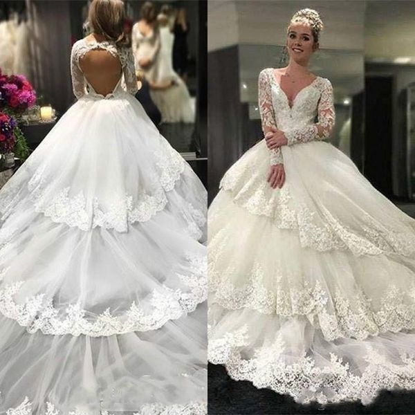 

2020 glamorous long sleeve lace hollow wedding dresses tiers middle east arabic african ball vestido de novia bridal gown plus size custom