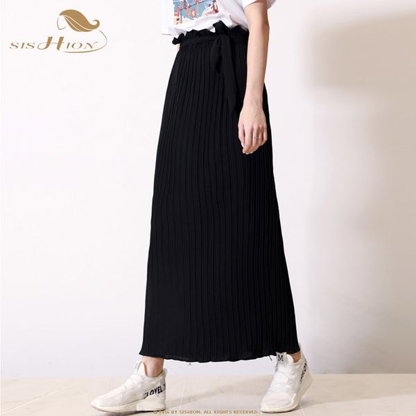

sishion holiday style chiffon pleated women skirts sp0072 ladies solid color elastic high waist summer casual long maxi skirt, Black