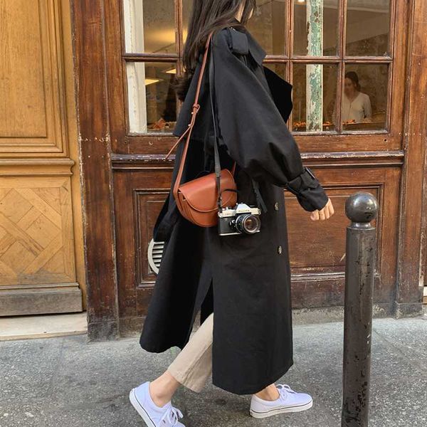 

long sleeve loose streetwear medium long trench coat feminino split side oversized casual double breasted spring coat for women, Tan;black