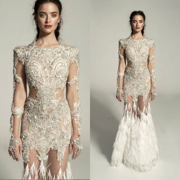 

2020 pallas couture wedding dresses floor length lace appliqued beads long sleeve wedding dress feather mermaid bridal gowns robes de mariée, White