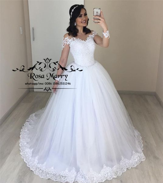 Acheter Princesse Robe De Bal Dentelle Robes De Mariée 2019 Manches Longues Plus La Taille Puffy Tulle Blanc Victoria Musulmane Robe De Mariée Robes
