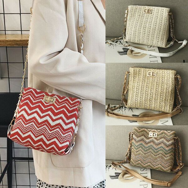 

handmade rattan woven lady's handbag straw knit summer beach bag woman shoulder messenger bag khaki beige tote