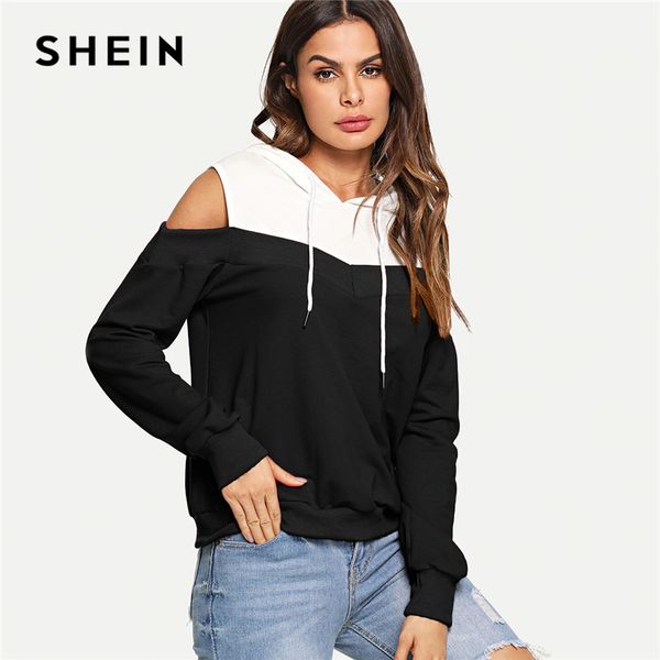 

шеина black and white casual опрятного cold shoulder drawstring толстовка толстовка осень мода campus женщина толстовка