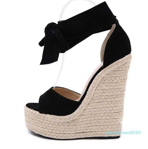 

rome style bowtie suede straw woven platform w-sandals black sandale gladiator women sandals 16cm c30