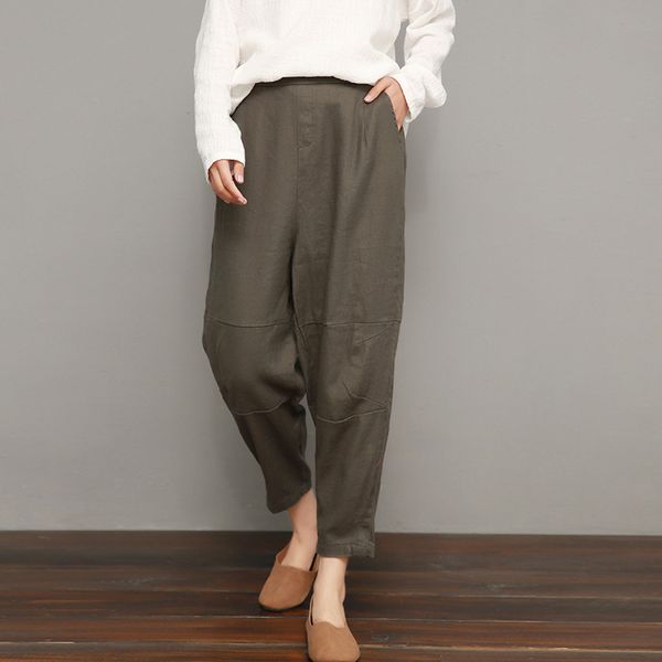 

johnature ankle-length pants casual loose solid color pencil pants elastic waist new summer clothes cotton linen women, Black;white