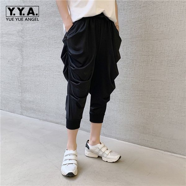 

summer new lightweight mens calf length pleated harem pants fashion casual loose fit male jogging pants elastic waist streetwear, Black