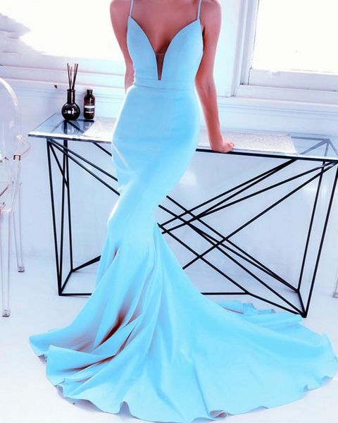 

new 2019 plunge mermaid evening dresses long spaghetti straps v-neck satin vestido longo evening party dress formal, White;black