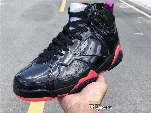 

air 7 wmns black patent leather basketball shoes anthracite-smoke grey-bright crimson retro 7s women sneakers 313358-006 with box