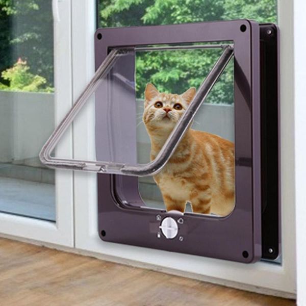 

4 way lockable dog cat kitten door security flap door abs plastic s/m/l animal small pet cat dog gate door pet supplies