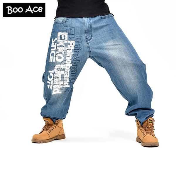 

letters pattern hip hop men blue baggy jeans skateboard denim pants plus size