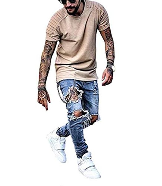 

deitp men's distressed destroyed ripped slim fit skinny stretch denim jeans, Blue