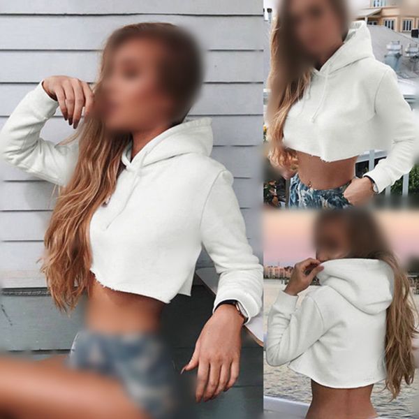 

women crop hoodie jumper short sweatshirts sports pullover long sleeve white autumn warm hooded pullover w3, Black