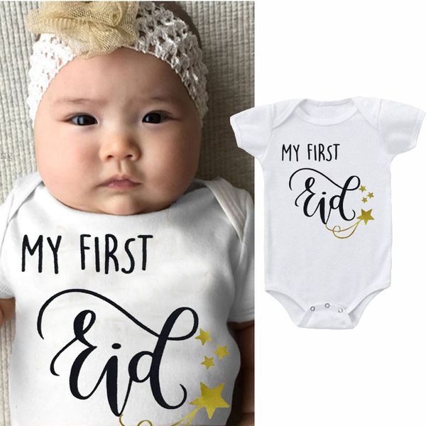

summer infant rompers newborn jumpsuits children clothes outfits 0-24m kids outwear onesie with sticker gift my fiest eid print, White