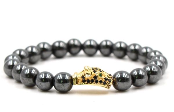 

8mm ghh35 silver gold copper leopard head micro pave cz zircon cubic zirconia bracelet hematite bead buddha yoga bangles, Black