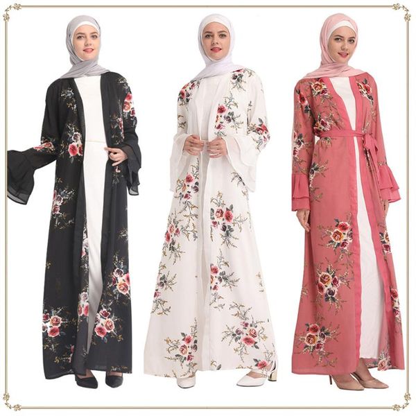 

new woman fashion digital printing elegant muslim cardigan robe black pink white printed woman robe, Red